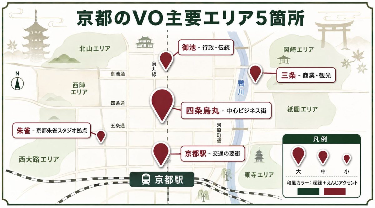 京都のVO主要エリア5箇所 - 御池・三条・四条烏丸・朱雀・京都駅