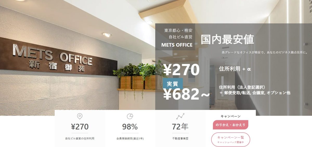 METSバーチャルオフィス 新宿御苑拠点(公式サイトより)